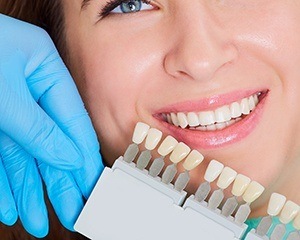 Closeup of patient's smile compared with tooth color chart